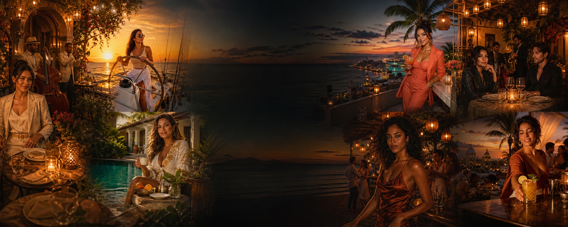 Golden-hour scenes with sailing, dinner, poolside music and rooftop cocktails